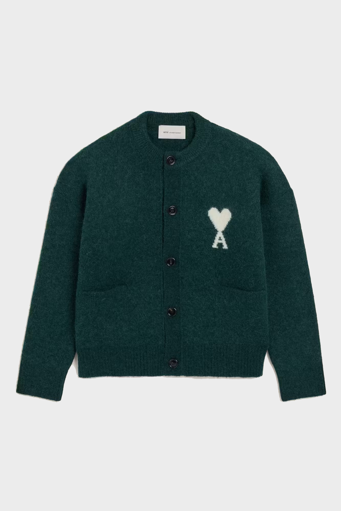 AMI PARIS de Coeur Crew Neck Knit Cardigan in Bottle Green / Off White
