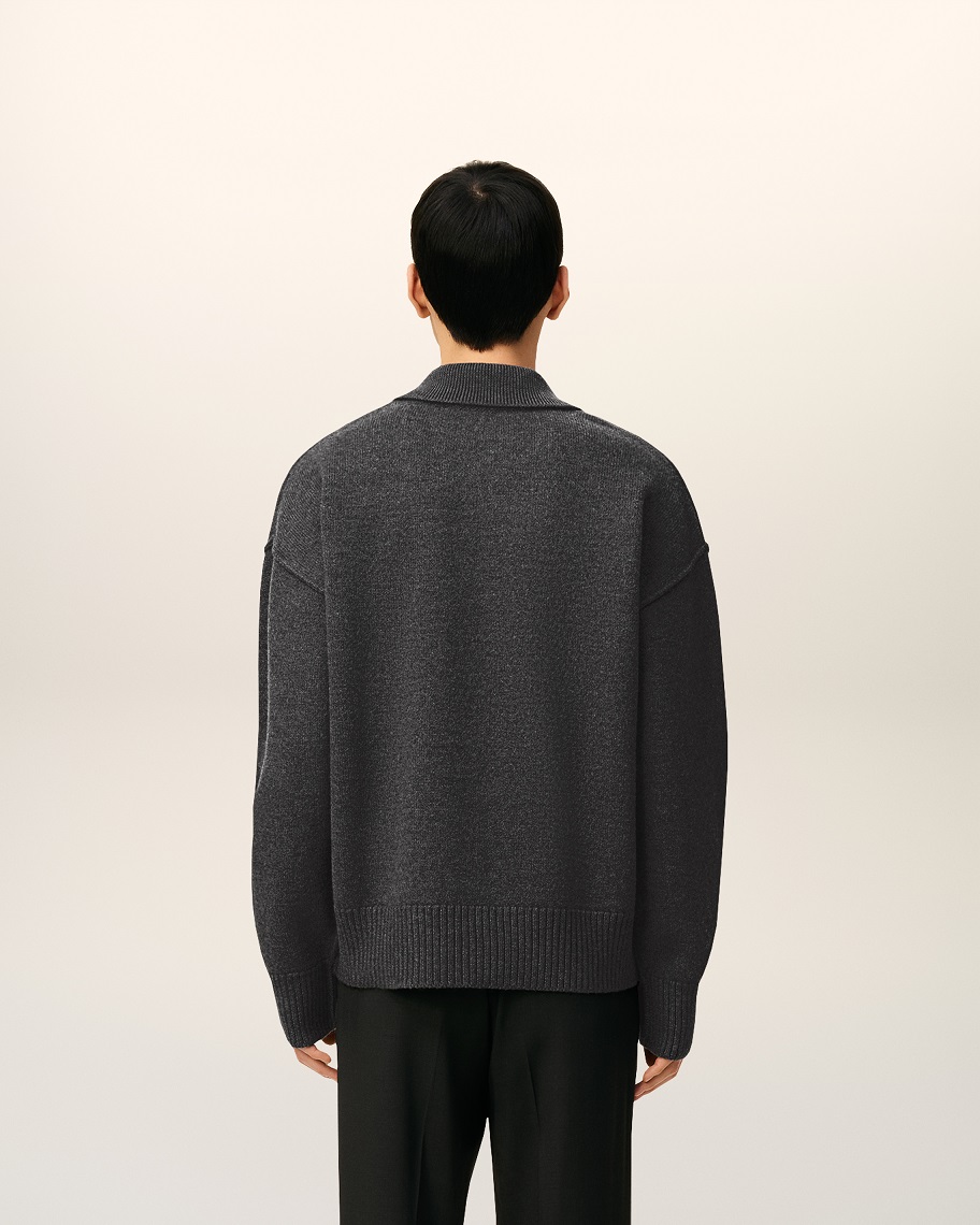 AMI PARIS de Coeur Knit Polo in Heather Grey/Black