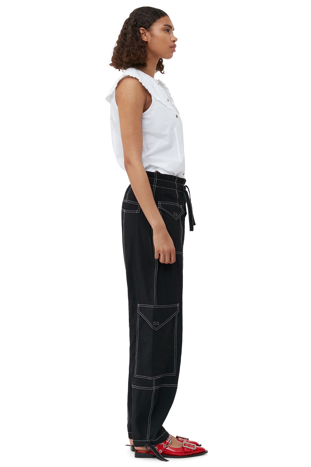 Ganni Light Slub High Waist Pocket Pants in Black 36