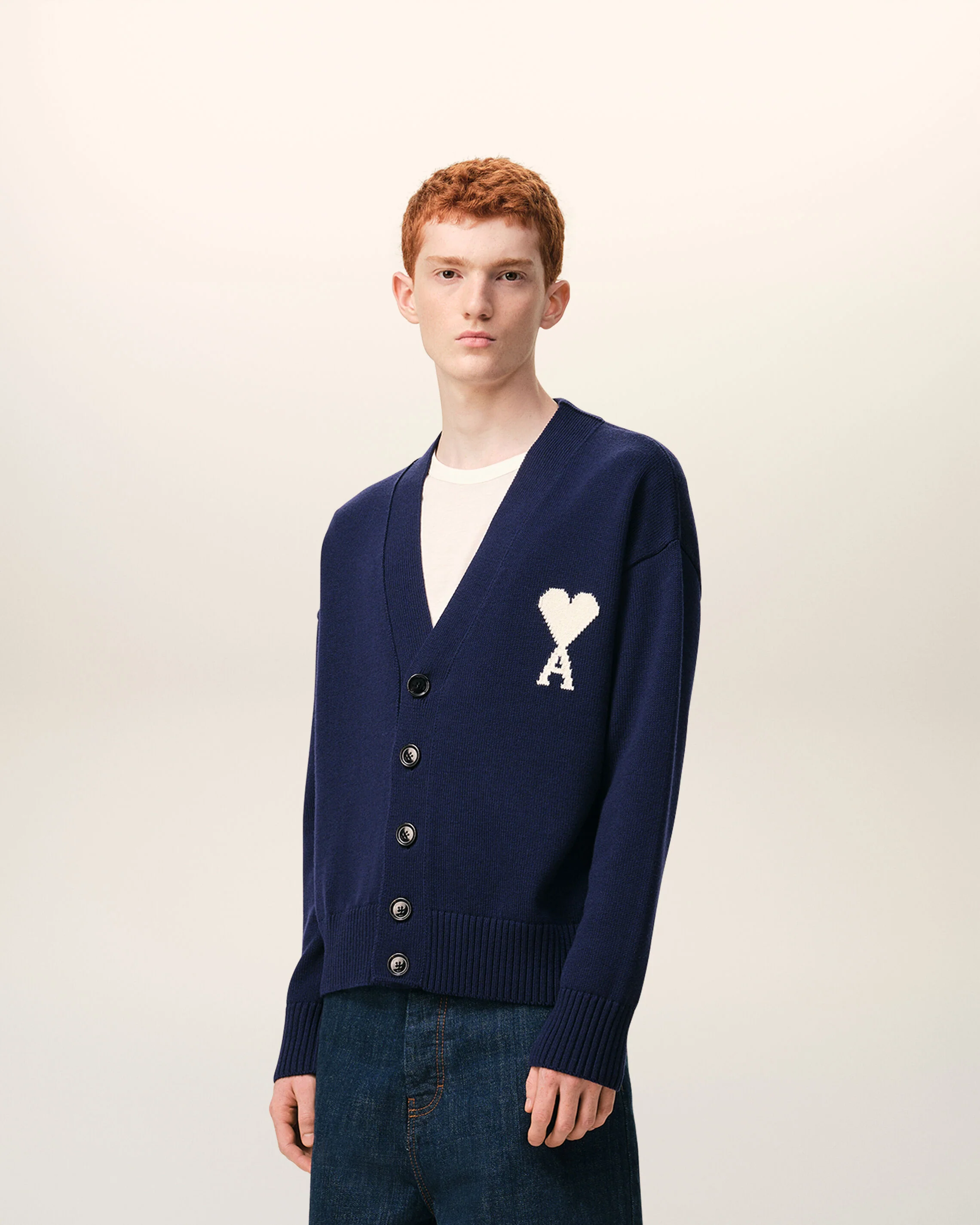 AMI PARIS de Coeur Wool/Cotton Knit Cardigan in Navy