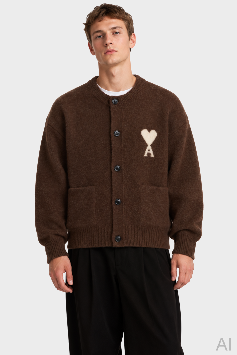 AMI PARIS de Coeur Crew Neck Knit Cardigan in Chocolate Brown / Off White XXL