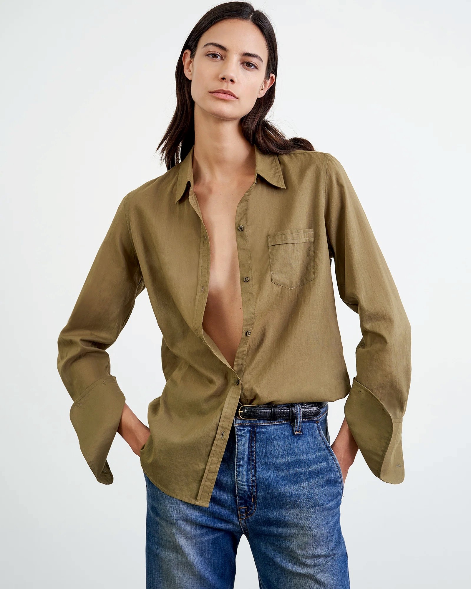 NILI LOTAN Cotton Voile NL Shirt in Olive Green L