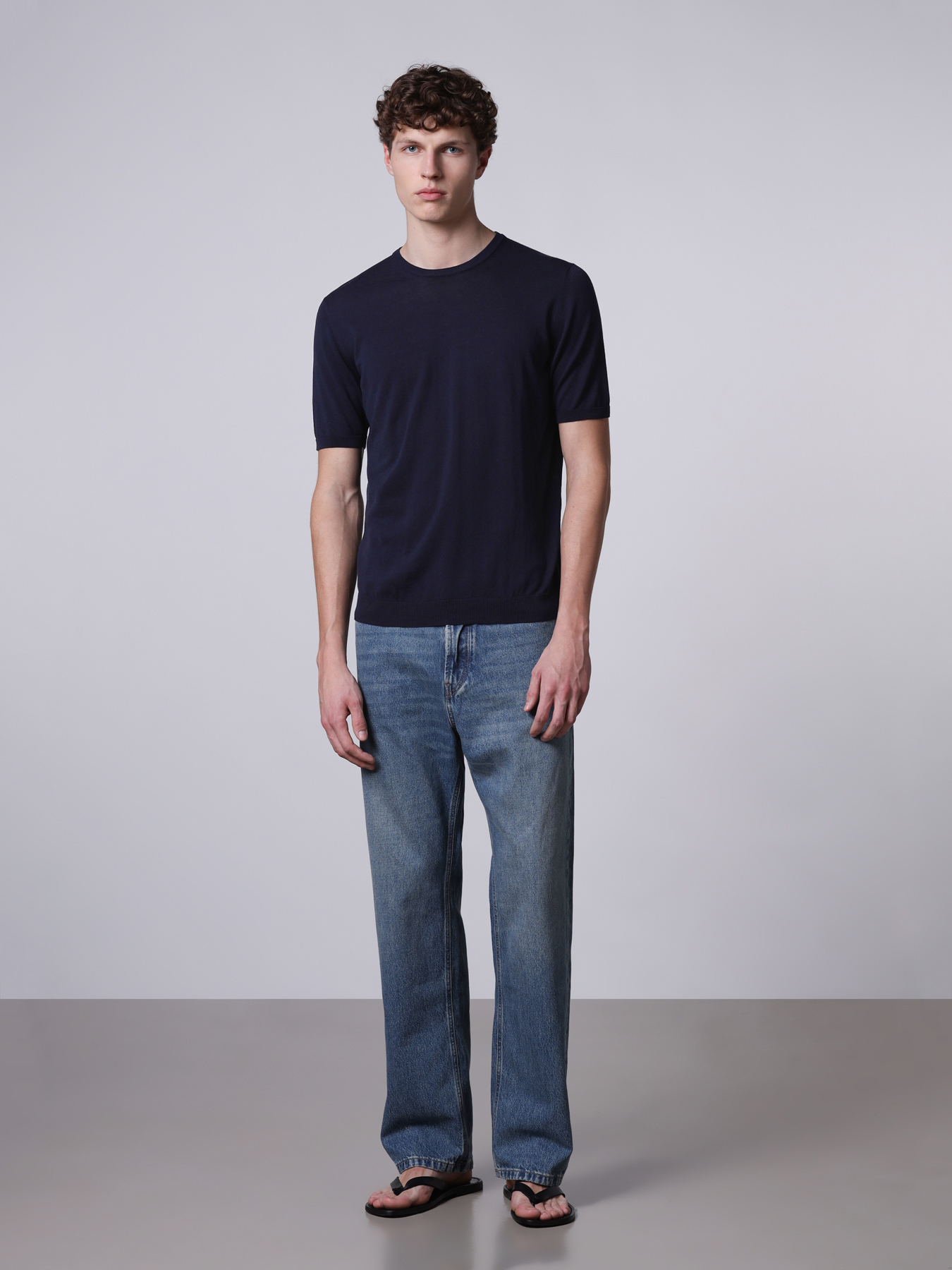 ROBERTO COLLINA Light Cotton Knit T-Shirt in Navy