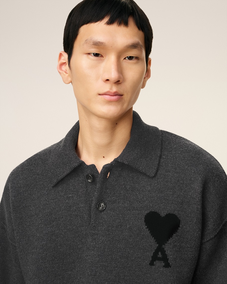 AMI PARIS de Coeur Knit Polo in Heather Grey/Black