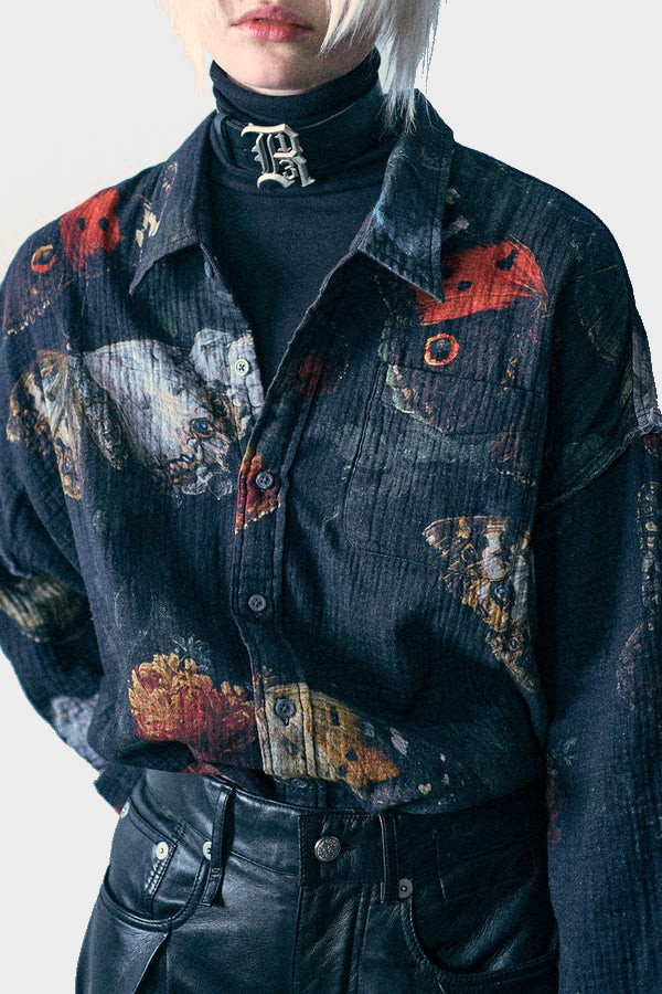 R13 Reversible Shredded Seam Drop Neck Oversize Shirt with Butterflies