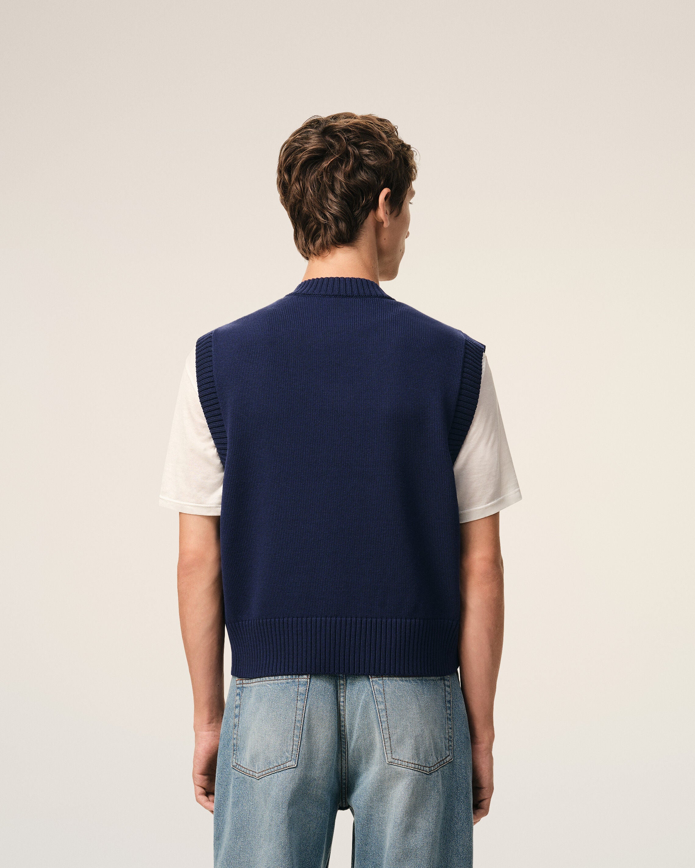 AMI PARIS de Coeur Wool/Cotton Knit Vest in Navy